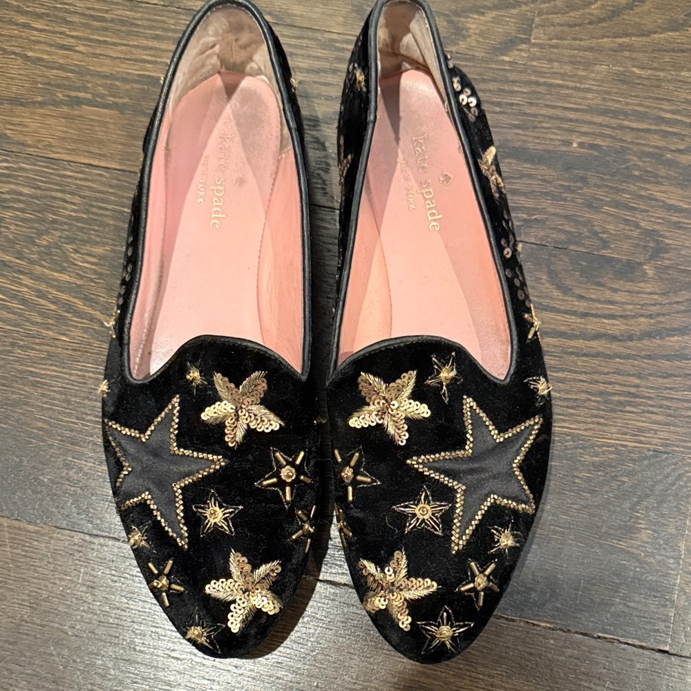 Kate Spade Black Velvet Loafers with Gold Star Accents